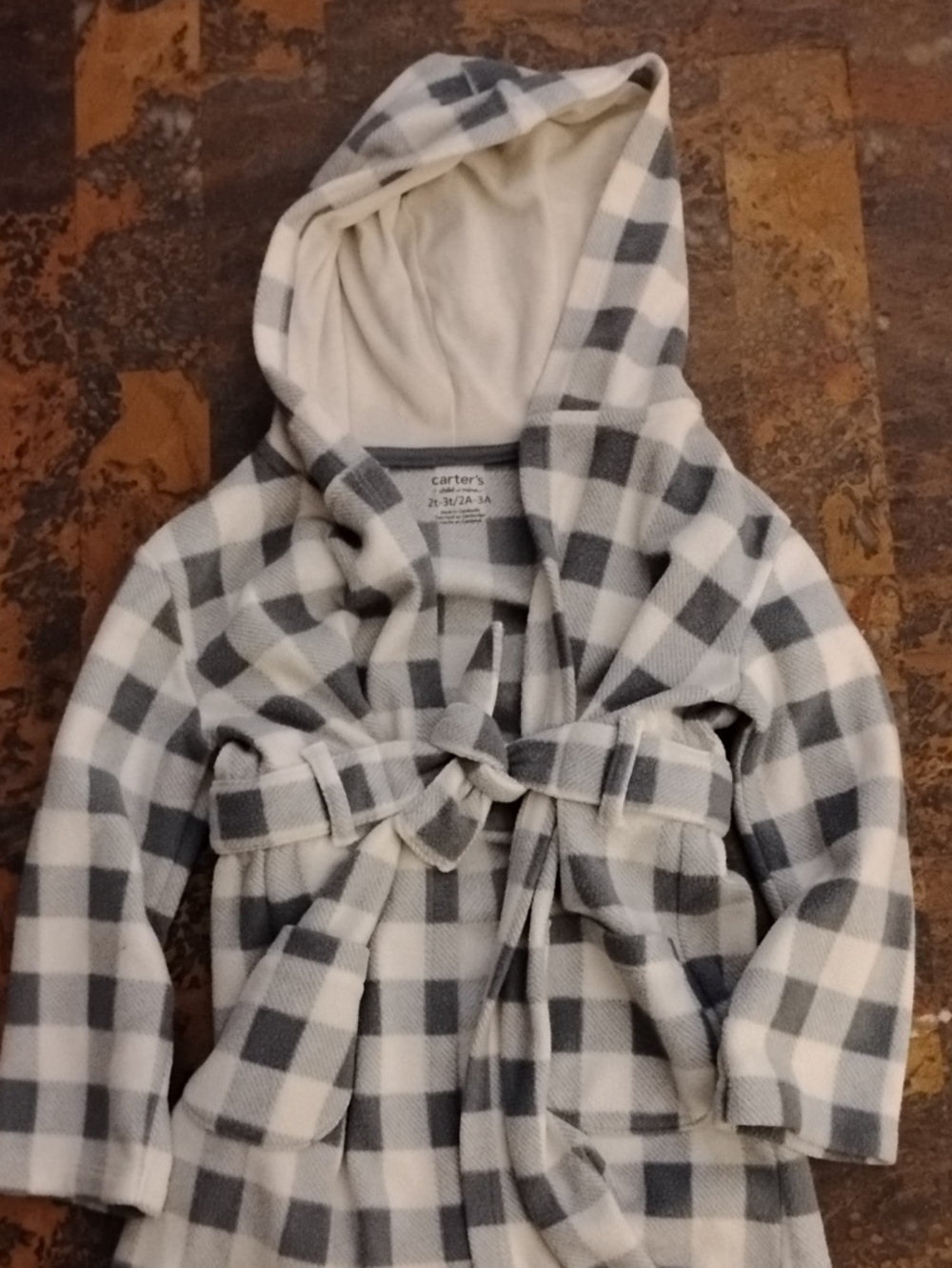 Carter's White and Gray Plaid Hooded Fleece Kids Robe